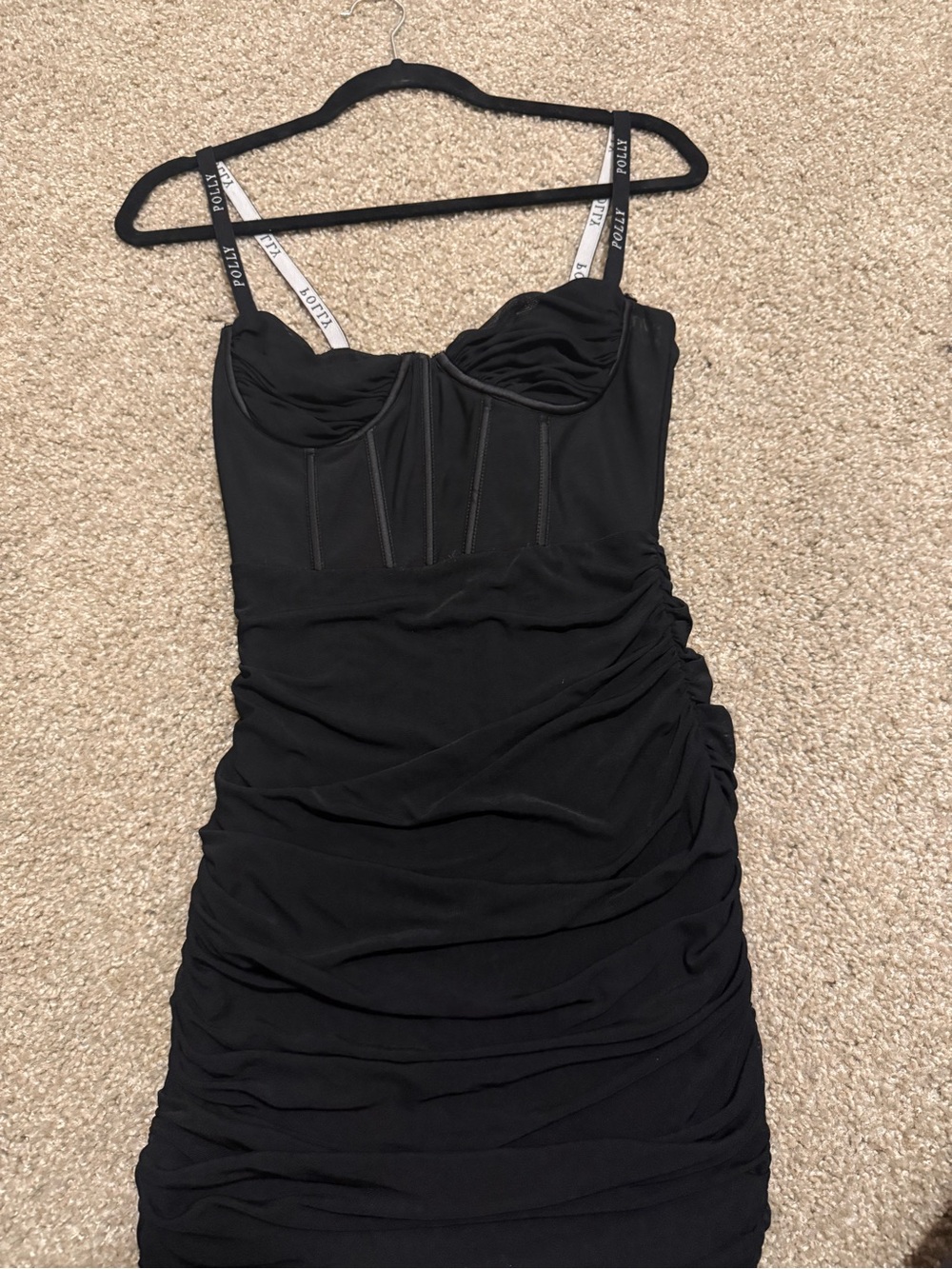 Black Ruched Mini Dress with Contrast Branded Straps